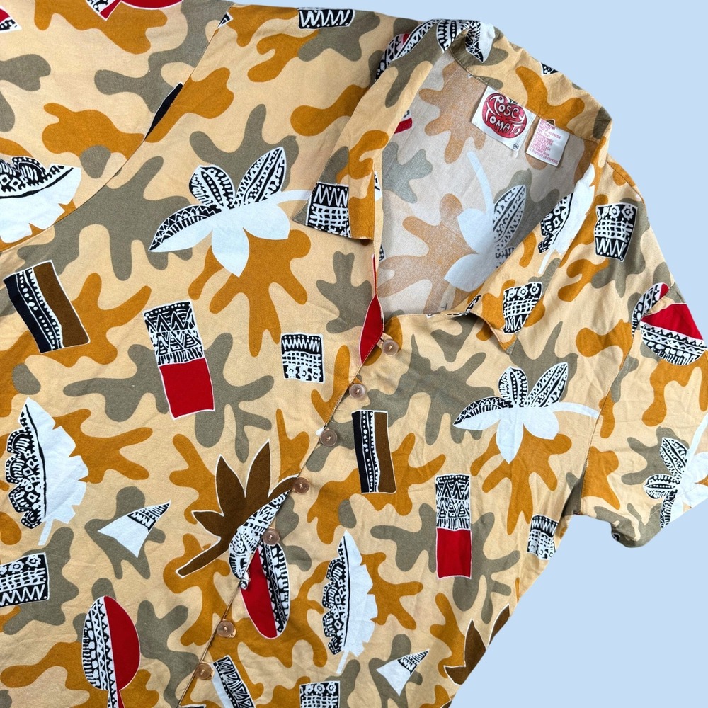 Vintage‎ Rosey Tomato Hawaiian Shirt Women 20/40 Yellow Abstract Tribal 90s Tiki